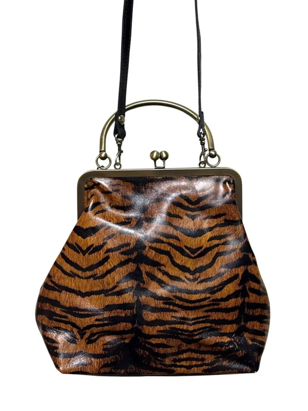Patricia Nash Novella Frame Bag Tiger Print Leather Kiss Lock Crossbody Satchel